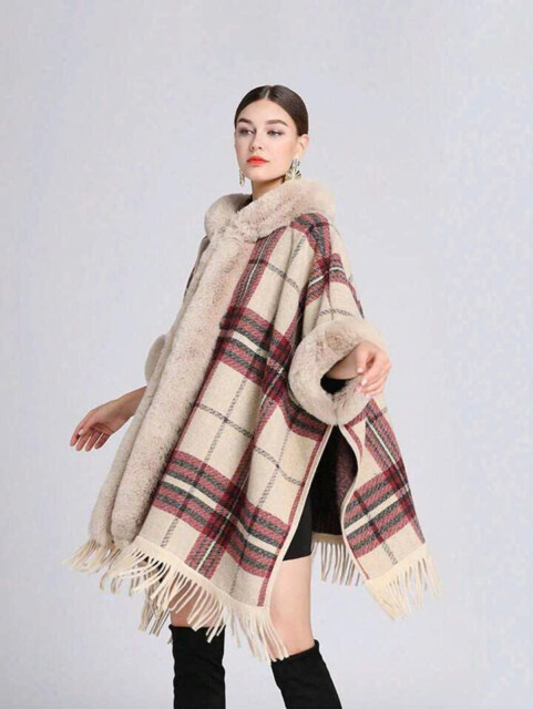 Plaid Hooded Faux Fur Trim Poncho – Cozy Autumn & Winter Style