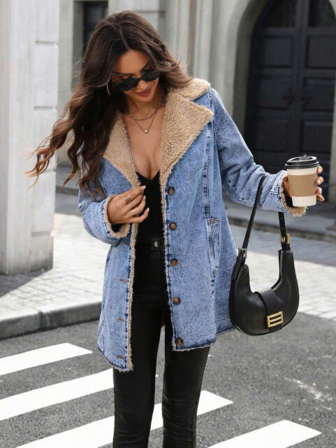 Women’s Faux Shearling Lined Denim Jacket with Belt – Button Front Winter Jean Coat