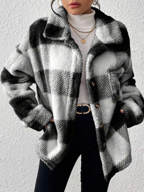 Women's Plaid Fuzzy Single-Breasted Casual Loose Regular Jacket Fall Winter Cloth For Women