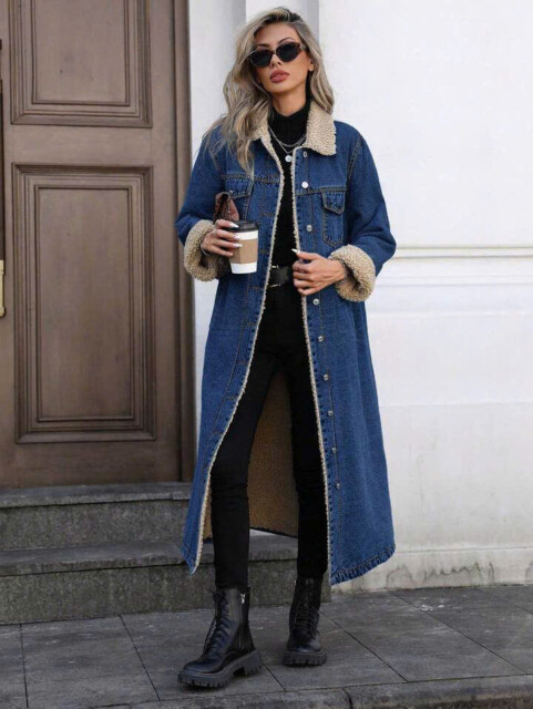 Women’s Sherpa-Lined Long Denim Coat