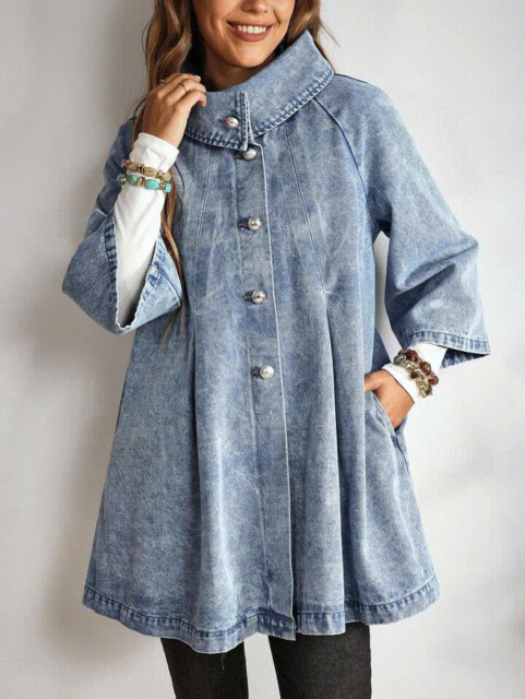 Women's Casual Denim Jacket With Raglan Sleeves And Single-Breasted Closure, Autumn