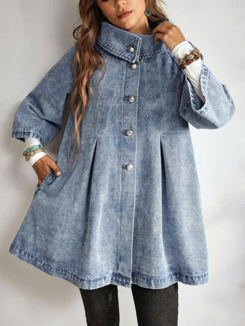Women's Casual Denim Jacket With Raglan Sleeves And Single-Breasted Closure, Autumn