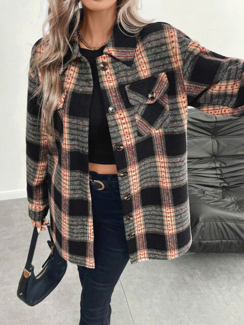 Women's Plaid Print Long Sleeve Thermal Lined Casual Shirt Jacket