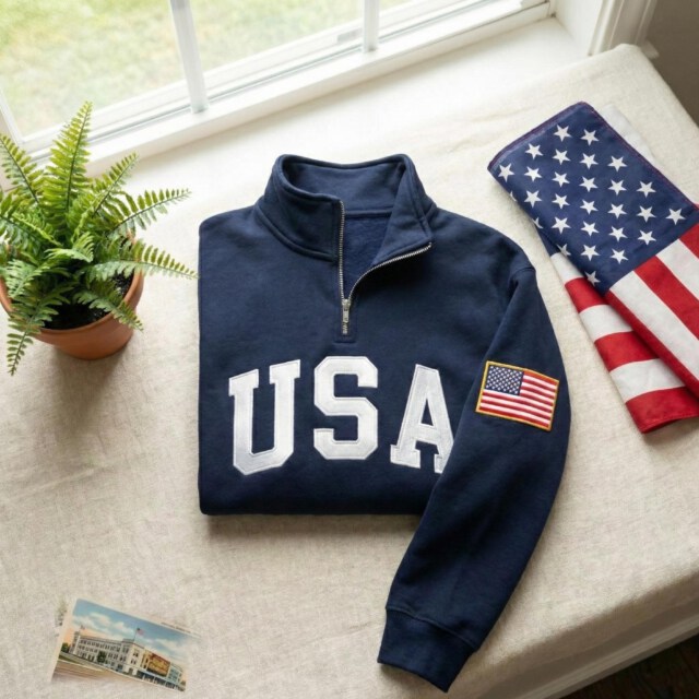 Embroidered USA Flag Quarter Zip Sweatshirt, Semiquincentennial Gift
