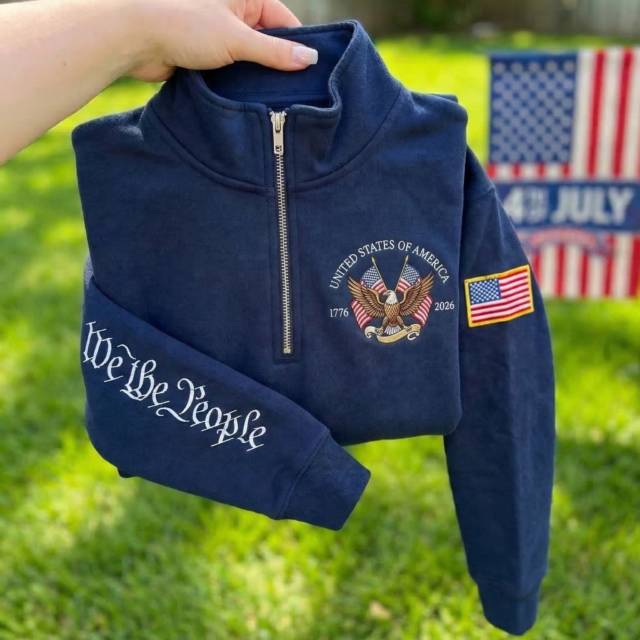 Embroidered USA Anniversary Quarter Zip Sweater, We The People Embroidery Sweatshirt, USA Flag Patch Shirt, Patriotic Gift For Vets