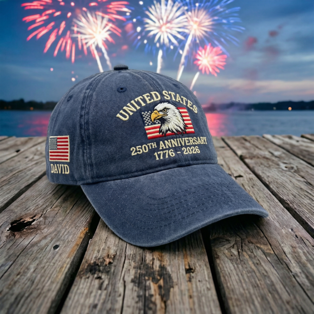 Custom Name 250th Anniversary 1776–2026 Eagle Embroidered Washed Hat Patriotic Personalized Cap Gift For Men and Women