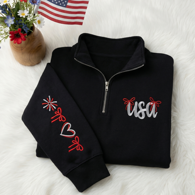 Embroidered USA Bows Quarter Zip Sweatshirt, 4th Of July Gift