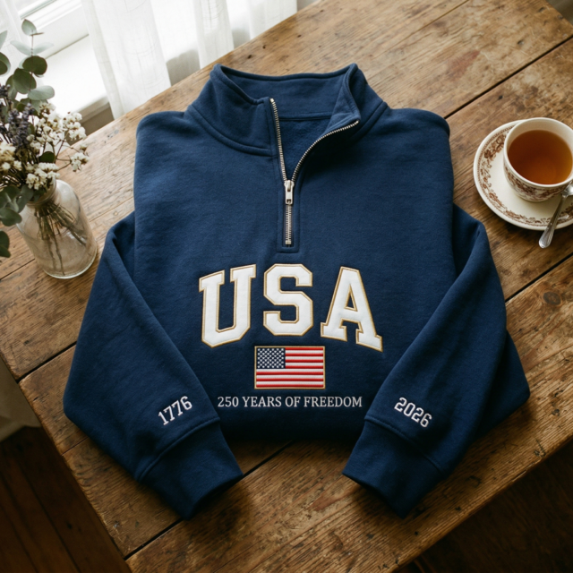 USA 250 2 Embroidered Sleeves Quarter Zip Sweatshirt