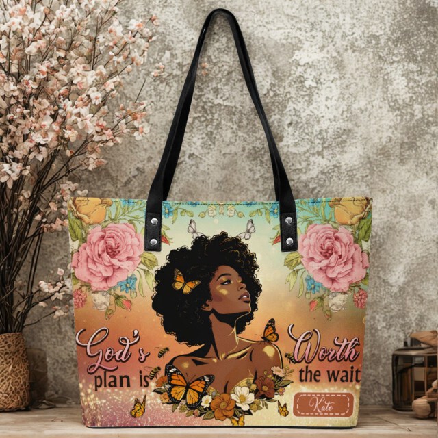 Christian Leather Tote Bag, God's Plan Is Worth The Wait Bag, Black Queen Religious Gift, Black Month History Gift, Juneteenth Bag