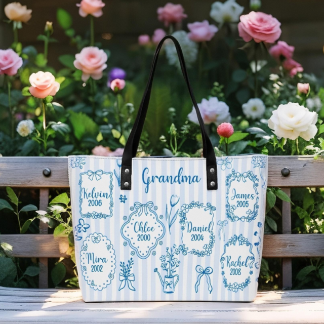 Personalized Floral Grandma Leather Tote Bag, Custom Grandkids Names, Mother's Day Gift For Nana, Grandma's Garden Bag, Personalized Gigi Bag