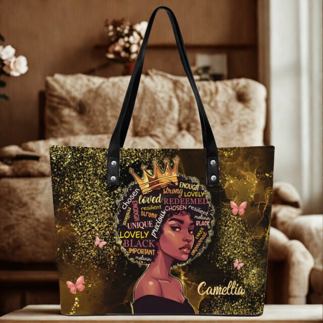 Black Queen Tote Bag, Afro Woman Empowerment Bag, Melanin Goddess Tote, Personalized Name Shoulder Bag, Strong Black Woman Gift , Juneteenth Bag, Black History Month Gift