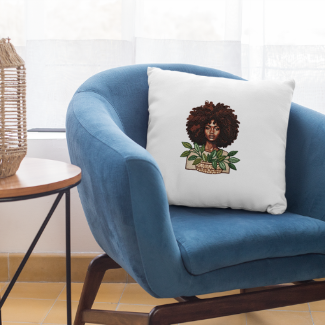 Black Woman Afro Pillow Cover – Botanical Leaves Boho Cushion Decor