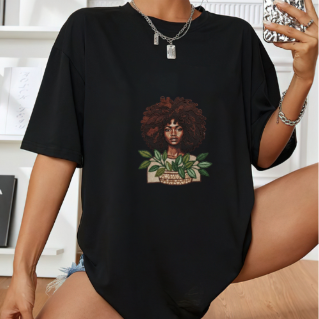 Black Woman Afro T-Shirt – Botanical Leaves Natural Beauty Portrait Graphic Tee