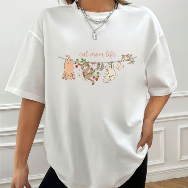 Cat Mom Life T-Shirt – Cute Hanging Cats Floral Strawberry Design Kitty Lover Graphic Tee