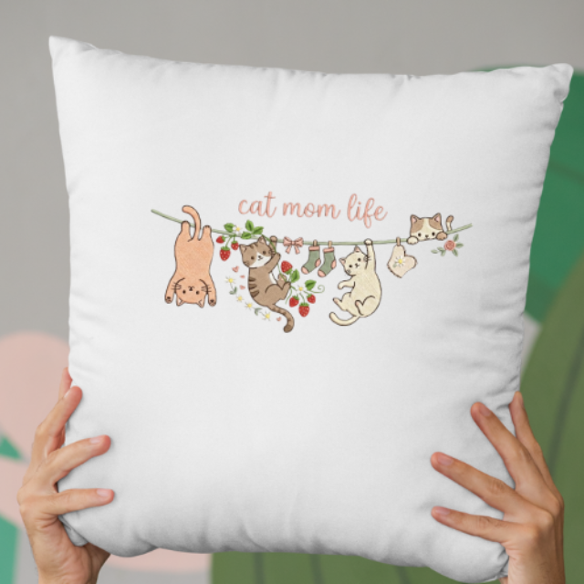 Cat Mom Life Pillow Cover – Cute Hanging Cats Floral Strawberry Decorative Cushion