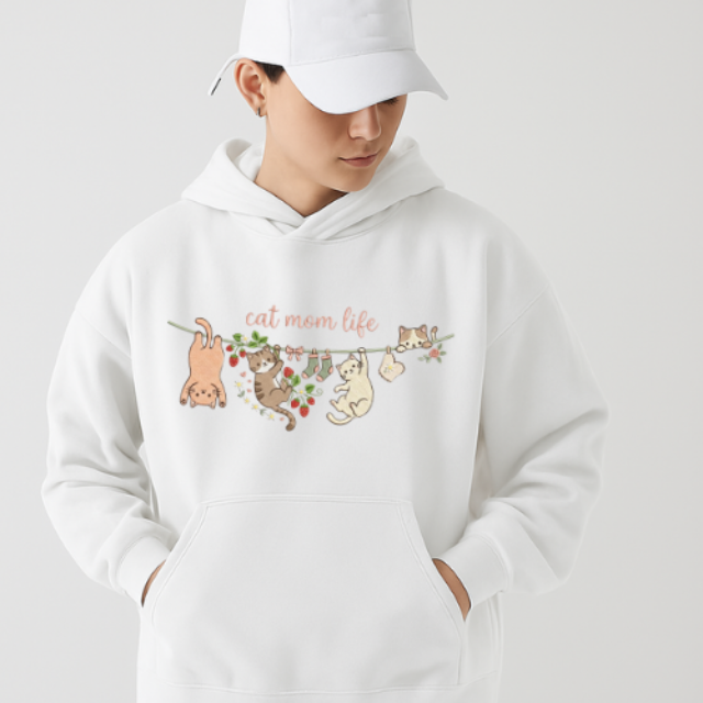 Cat Mom Life Hoodie – Cute Hanging Cats Floral Strawberry Design Kitty Lover Graphic Pullover