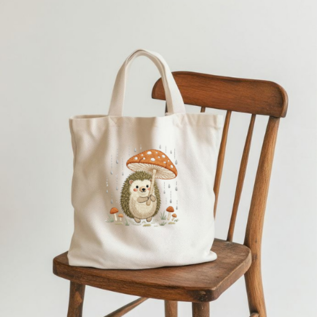 Hedgehog Mushroom Tote Bag – Cute Woodland Animal Cottagecore Nature Aesthetic Canvas Bag