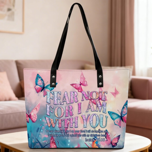 Personalized Name Isaiah 41:10 Tote Bag, Fear Not For I Am With You Leather Totebag