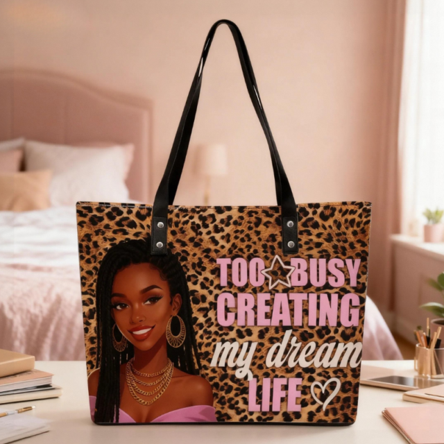 Personalized Name Black Queen Too Busy Creating My Dream Life Leopard Pattern  Inspirational Leather Totebag