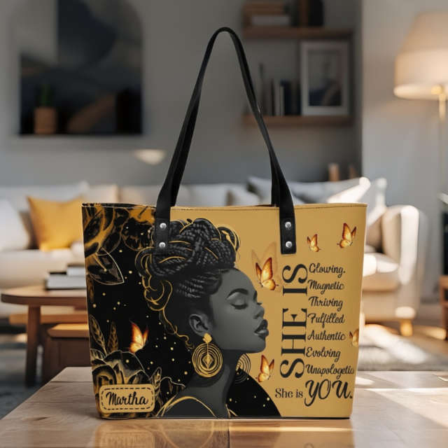 Personalized Name She Is You Black Queen Inspirational Leather Totebag Black History Month Gift