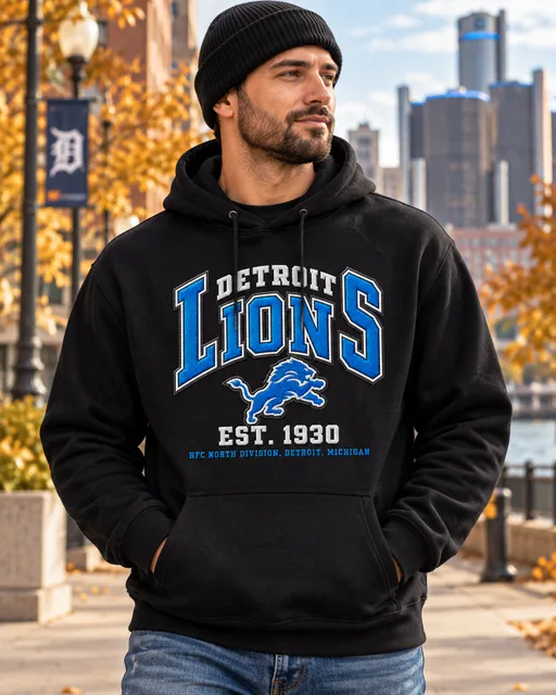 Detroit Lions Premium Embroidered Football Hoodie – EST. 1930 Vintage Heritage Sweatshirt