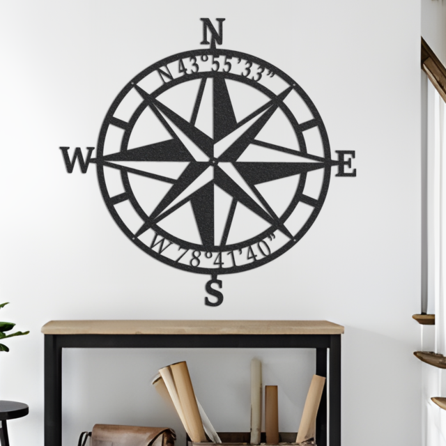 Metal Compass Wall Art, Laser Cut Metal Wall Sign, Nautical Compass Home Office Decor, Geometric Compass Sign, Black Metal Wall Art