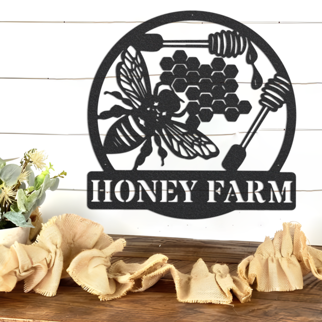 Honey Farm Sign Metal Wall Art, Laser Cut Metal Sign, Outdoor Metal Yard Art, Metal Sign For Farmhouse Decor, Honey Bee Metal Wall Sculpture