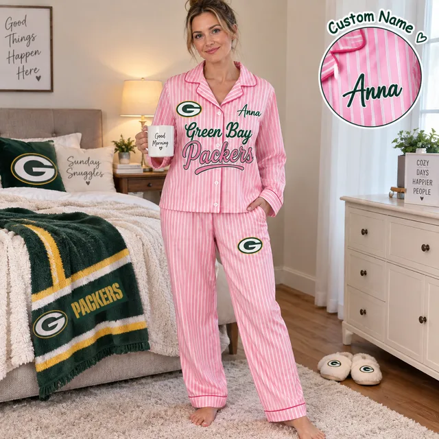 Green Bay Packers Pink Striped Pajama Set, Custom Name Women Loungewear, Football Fan Gift