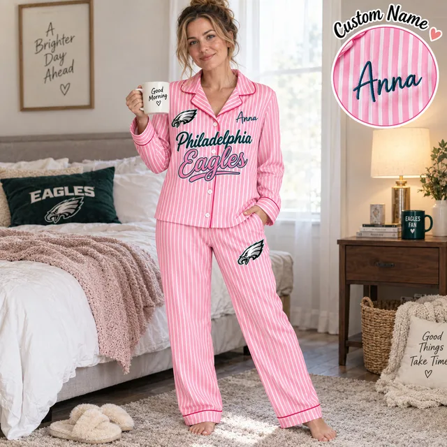 Philadelphia Eagles Pink Striped Pajama Set, Custom Name Women Loungewear, Football Fan Gift