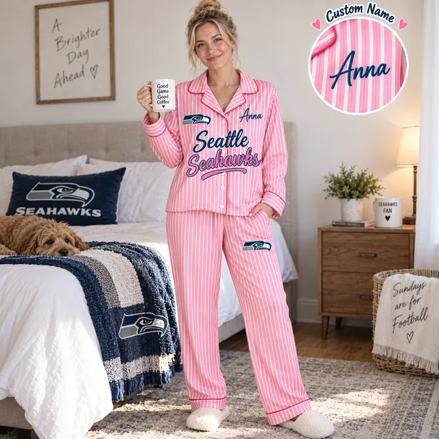 Seattle Seahawks Pink Striped Pajama Set, Custom Name Women Loungewear, Football Fan Gift