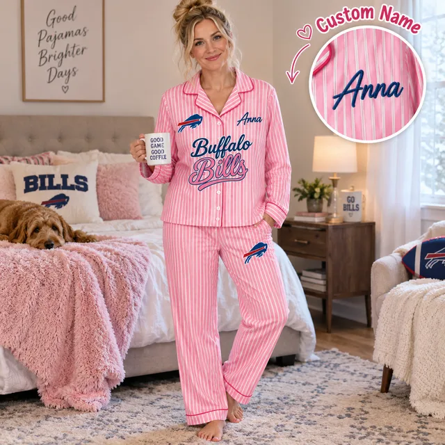 Buffalo Bills Pink Striped Pajama Set, Custom Name Women Loungewear, Football Fan Gift