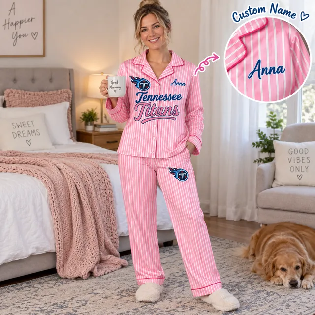 Tennessee Titans Pink Striped Pajama Set, Custom Name Women Loungewear, Football Fan Gift