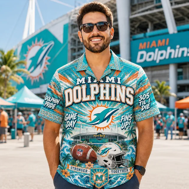 Miami Dolphins Hawaiian Shirt, MIA Hard Rock Stadium Game Day, Fins Up Fan Button Up