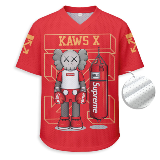 Off White x Supreme x Kaws - Unisex V-Neck Mesh Tee - Relaxed Fit