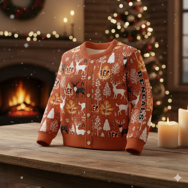 Stocktee Cincinnati Bengals Christmas Limited Edition Spun-knit Button Sweater NEW157612