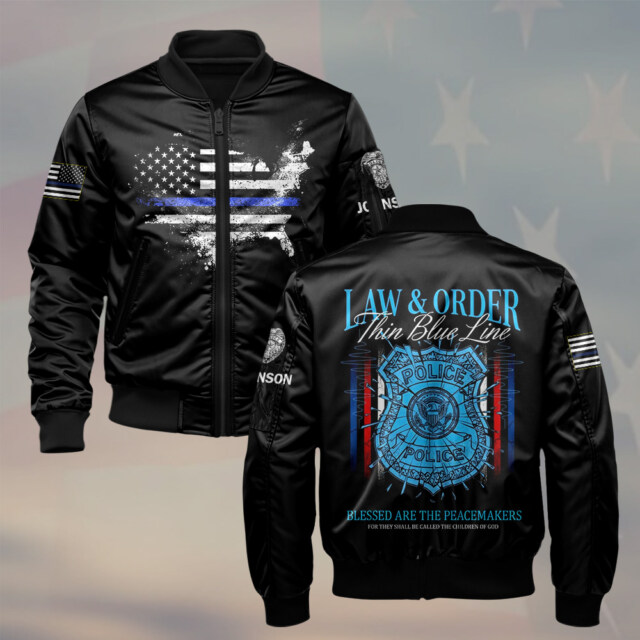 Custom Text Law and Order Thin Blue Line Police Edition #DQH0218 - AOP Bomber Jacket