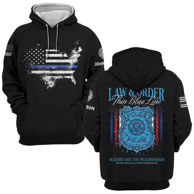 Custom Text Law and Order Thin Blue Line Police Edition #DQH0218 - AOP Hoodie