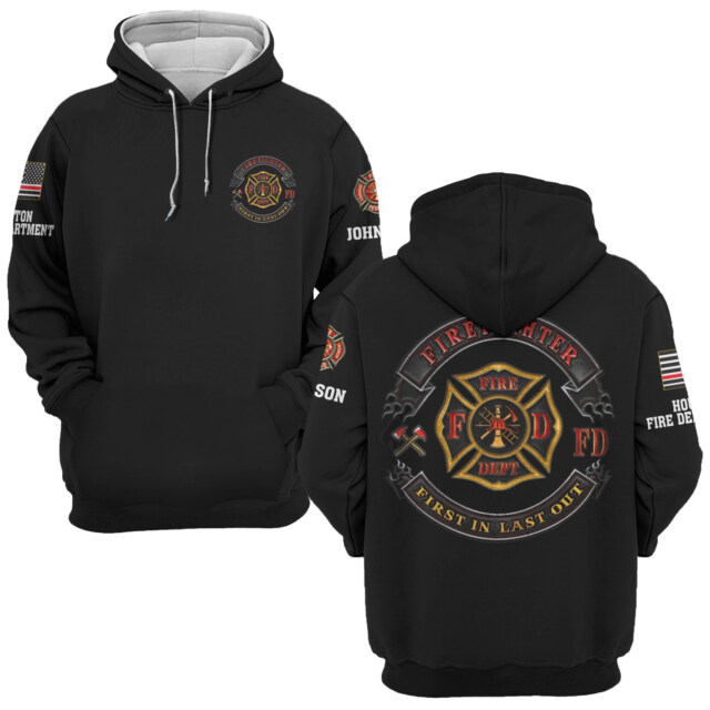 Custom Dept & Text Courage Firefighter First In Last Out #DQH0092 - AOP Hoodie