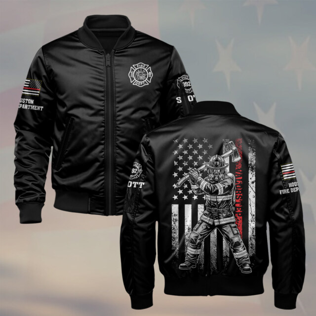 Custom Name & Number & Department  Red Line Defender Firefighter #DQH0259 - AOP Bomber Jacket