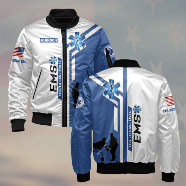 Custom Name & Department Live to Save Lives V2 EMS First Responder #DQH0536 - AOP Bomber Jacket
