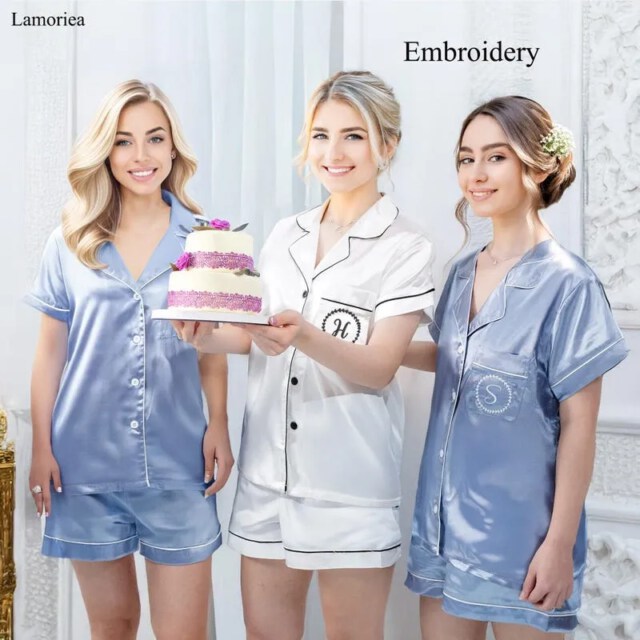 Embroidered Women Set Bridesmaid Proposal Satin Pjs Monogram Pajamas Pyjamas Bridal Shower Gift Matching for Her
