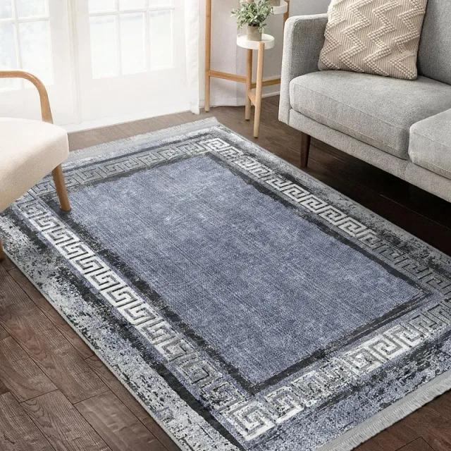 Framed Blue Area Fringed Saloon Carpet Washable Living Room Rugs Rug Anti Slip Luxury Carpets Bordered Rectangle Housewarming Gift