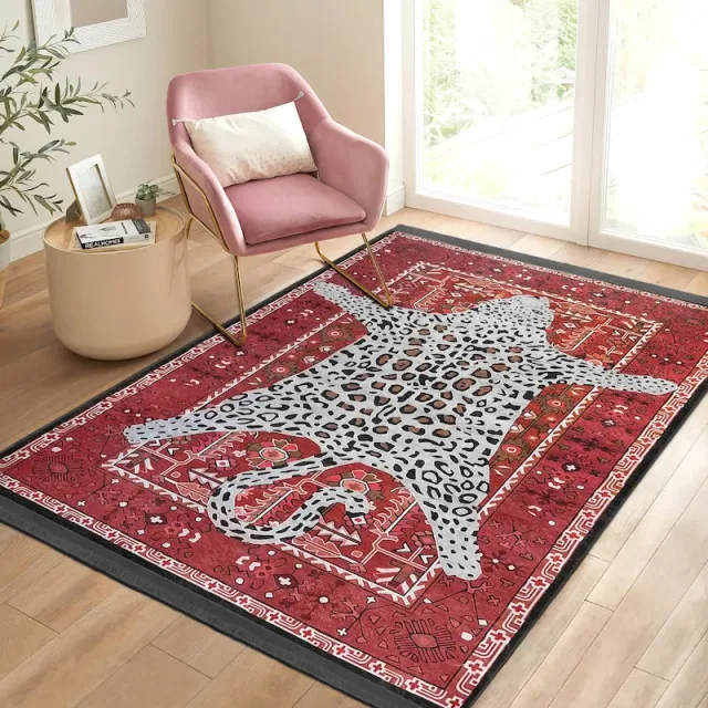 Red Leopard Modern Living Room Carpets Non slip Rugs Washable Rug Rectangle Area Housewarming Gift Fringed Floor Carpet