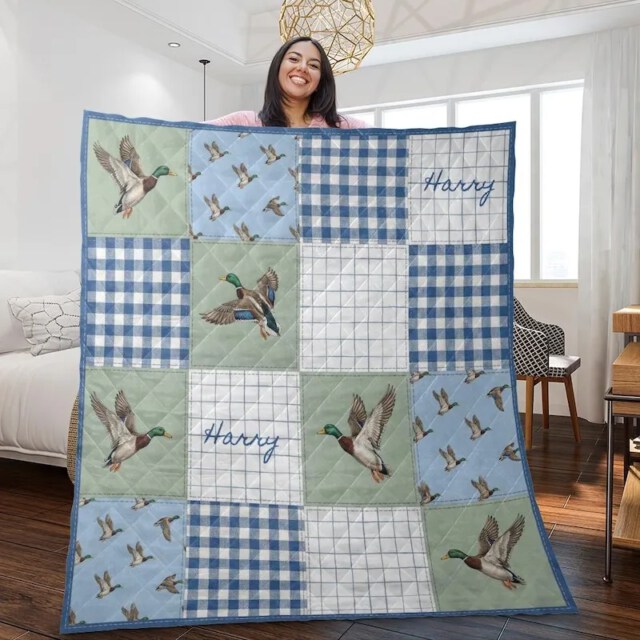 Personalized Quilt Mallard Duck Patchwork Design Blue Gingham Quilt Blanket Bedding