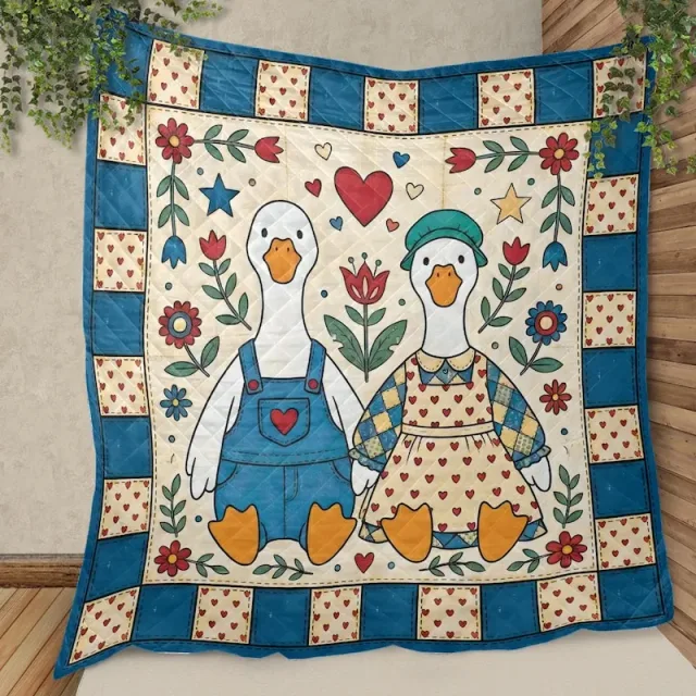 Goose Quilt Folk Art Couple Cottagecore 90s Hearts Floral Quilt Blanket Border