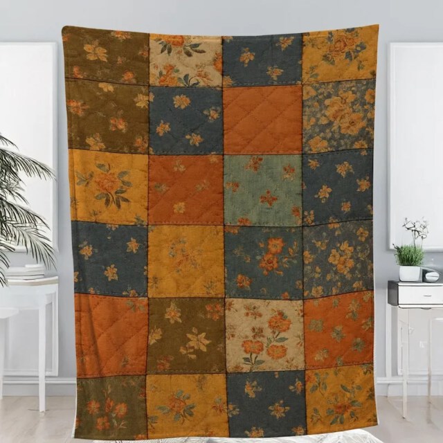 Rustic Floral Patchwork Quilt Autumn Colors Cozy Farmhouse Quilt Blanket Decor