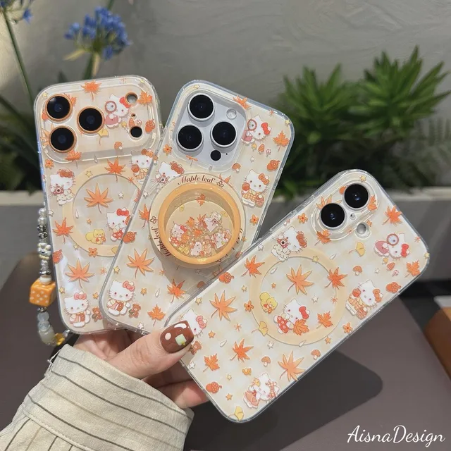 Kawaii Autumn Leaves and Bear Chibi Smiley Pumpkin Spice Phone Grip