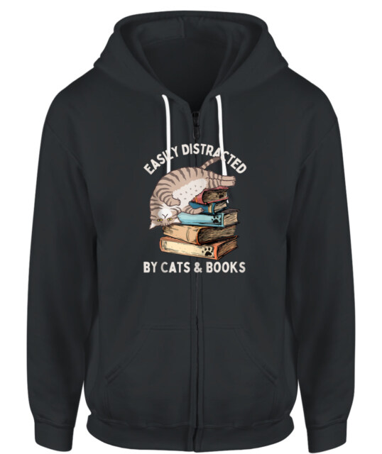 Easily Distracted by Cats and Books Funny Cat Lovers Zip Hoodie
