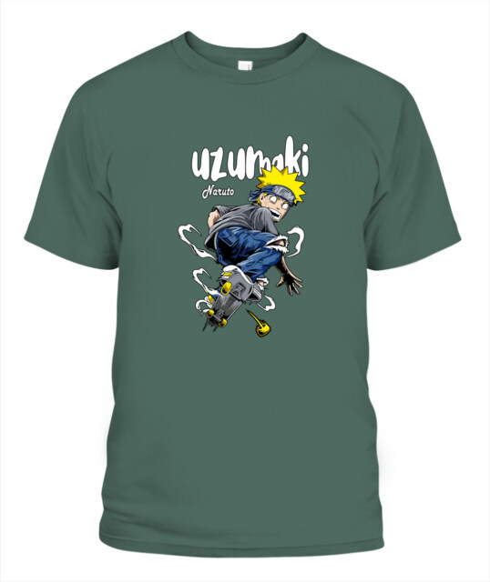 print-on-demand (POD) T-shirt for women featuring Naruto skateboarding
