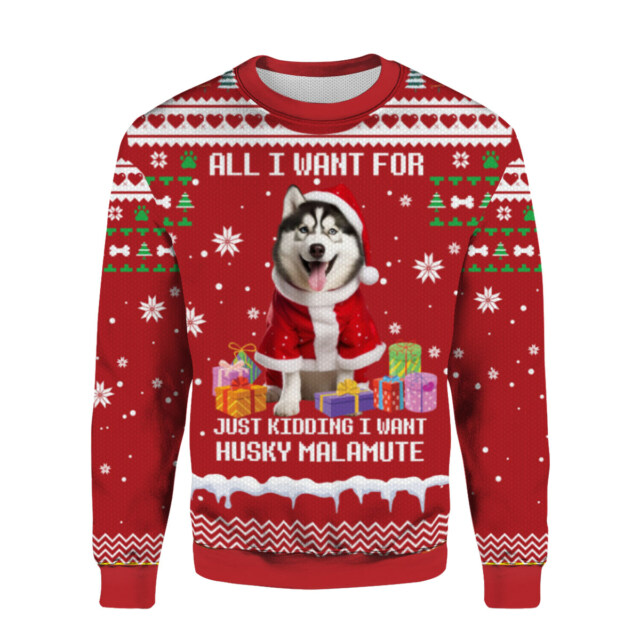 Ugly Sweater POD - Husky Dog in Christmas Outfit